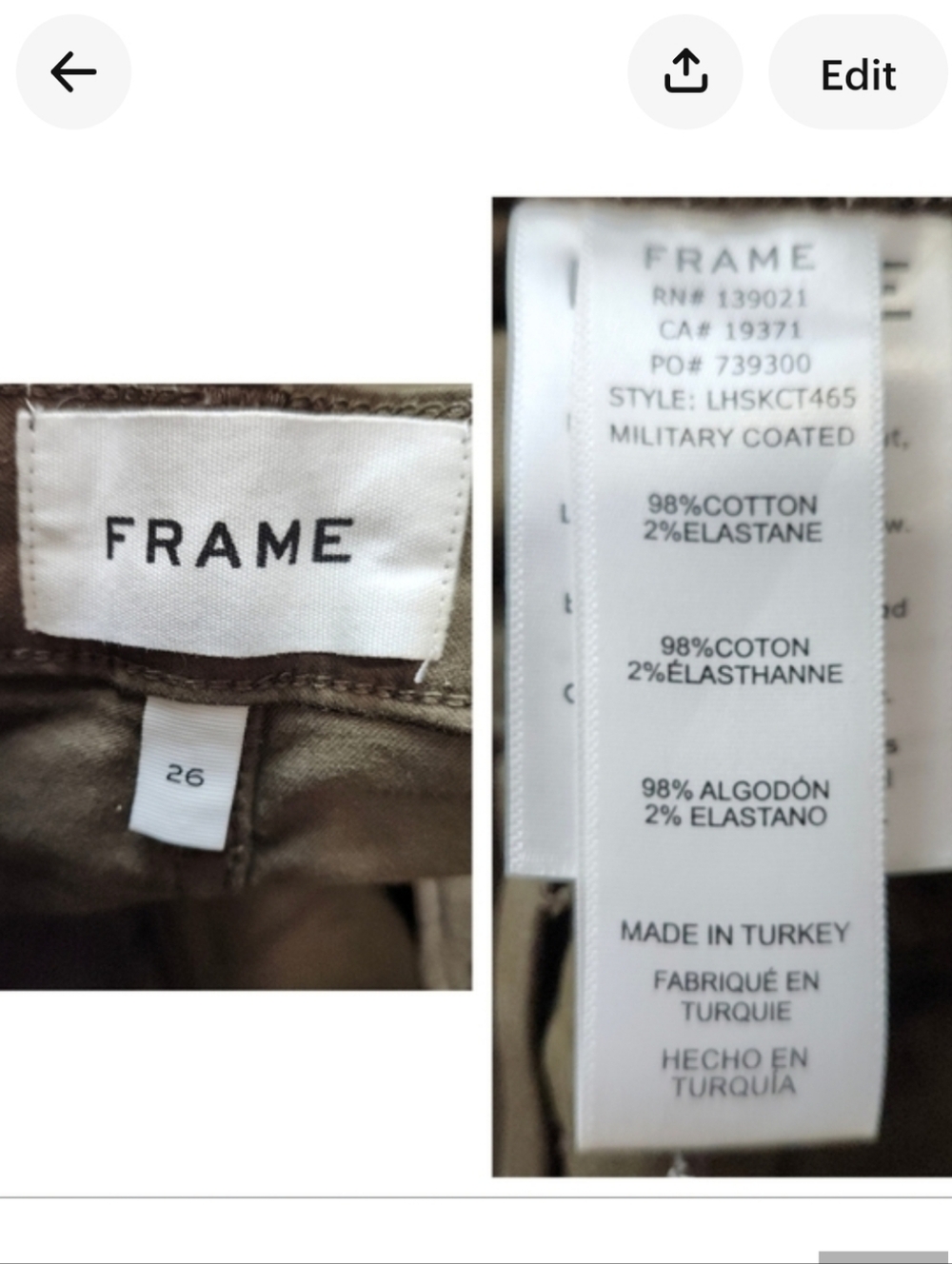 Frame denim Women Le High Skinny LHSKCT465 mid rise khaki Green Coated jeans 26 - Picture 7 of 16